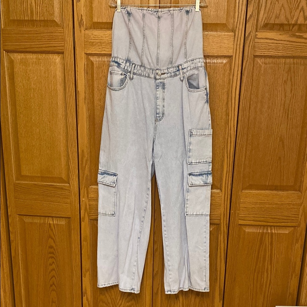 Wild Fable Women’s L Tube Cargo Strapless Whitewash Denim Jumpsuit